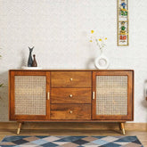 Handmade Solid Hard Wood Rattan Cane Two Door Sideboard with Three Drawers